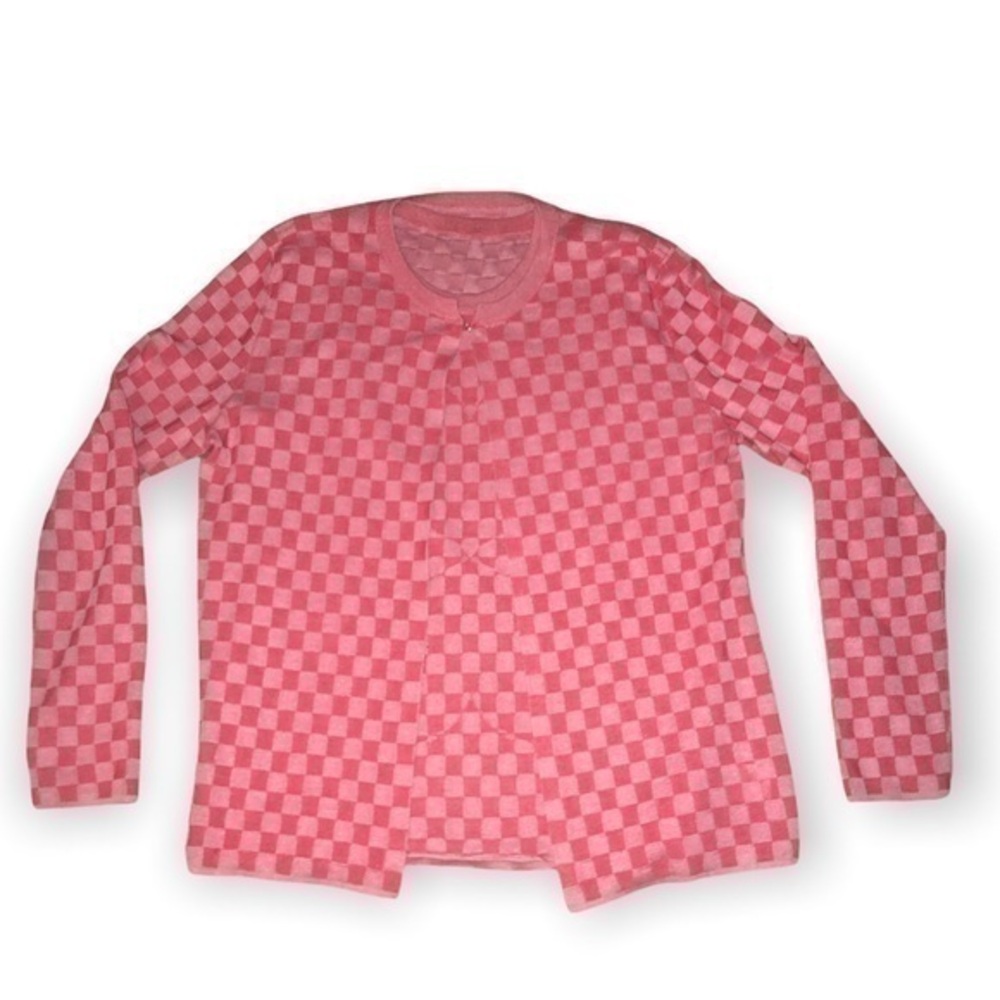 Akris heart 2 piece pink checkered mulberry silk blend cardigan shirt set